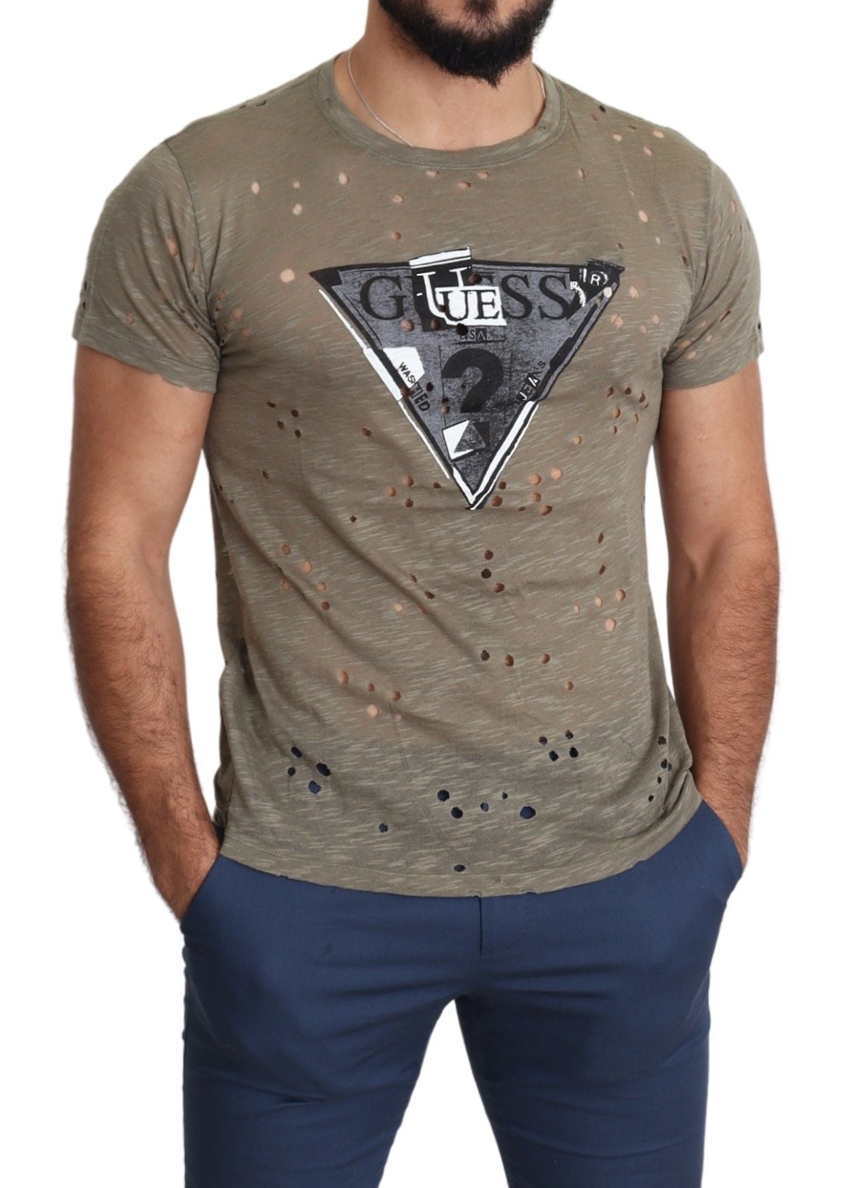 Guess Brun Bomull Stretchig Logotyptryck Herr Casual Perforerad T-shirt