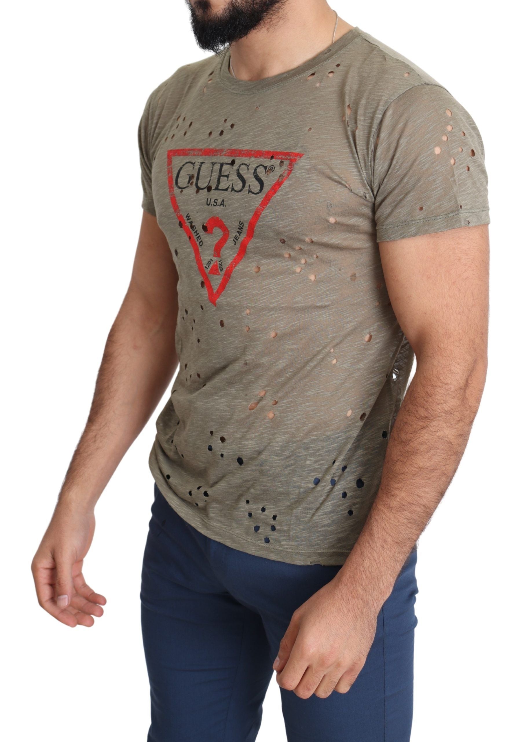 Guess Brun Bomull Stretchig Logotyptryck Herr Casual Perforerad T-shirt