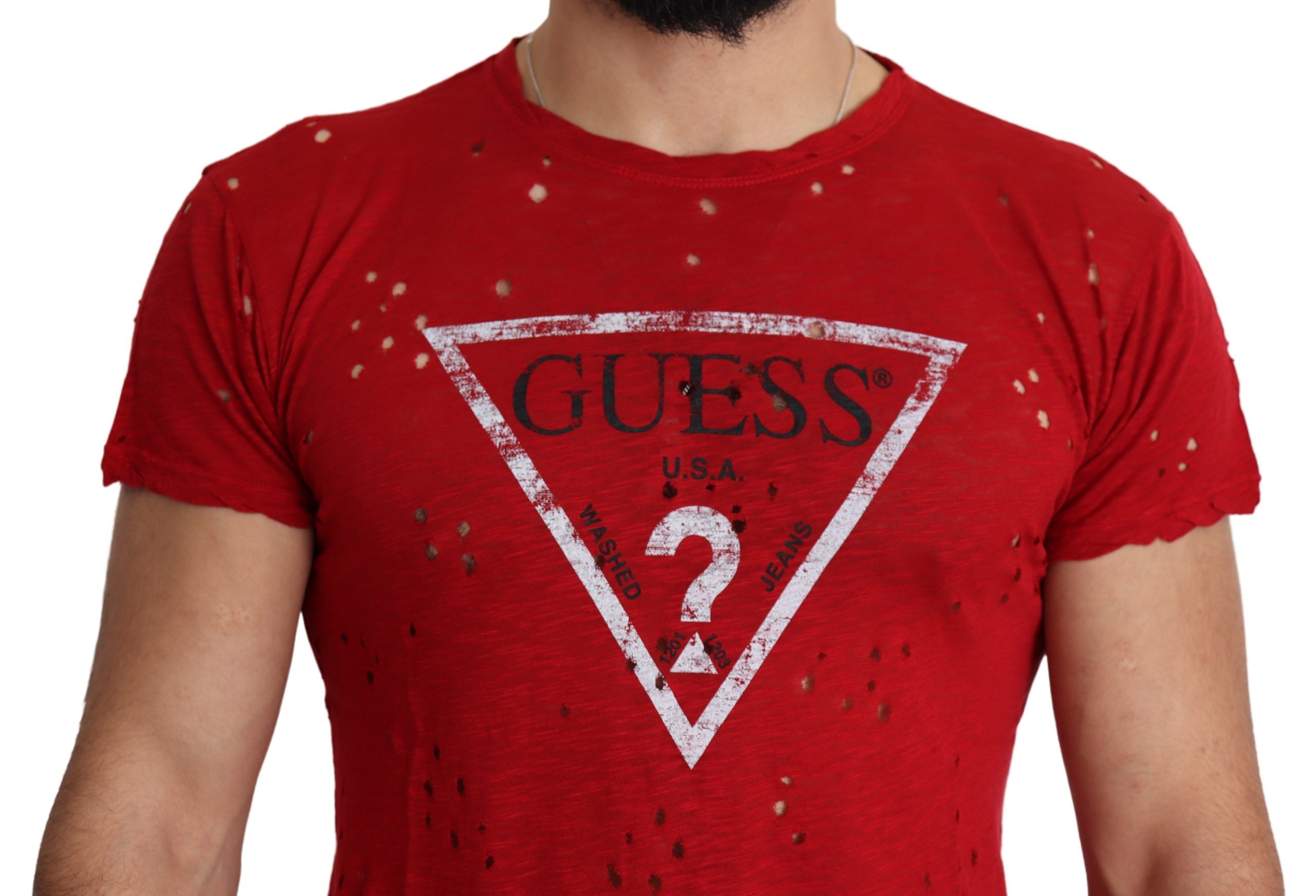 Guess Röd Bomullslogotyp Herr Avslappnad Topp Perforerad T-shirt
