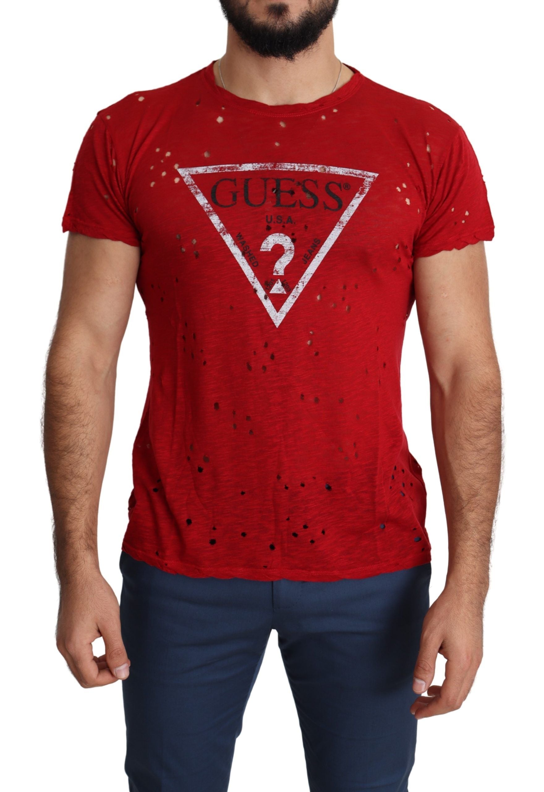 Guess Röd Bomullslogotyp Herr Avslappnad Topp Perforerad T-shirt