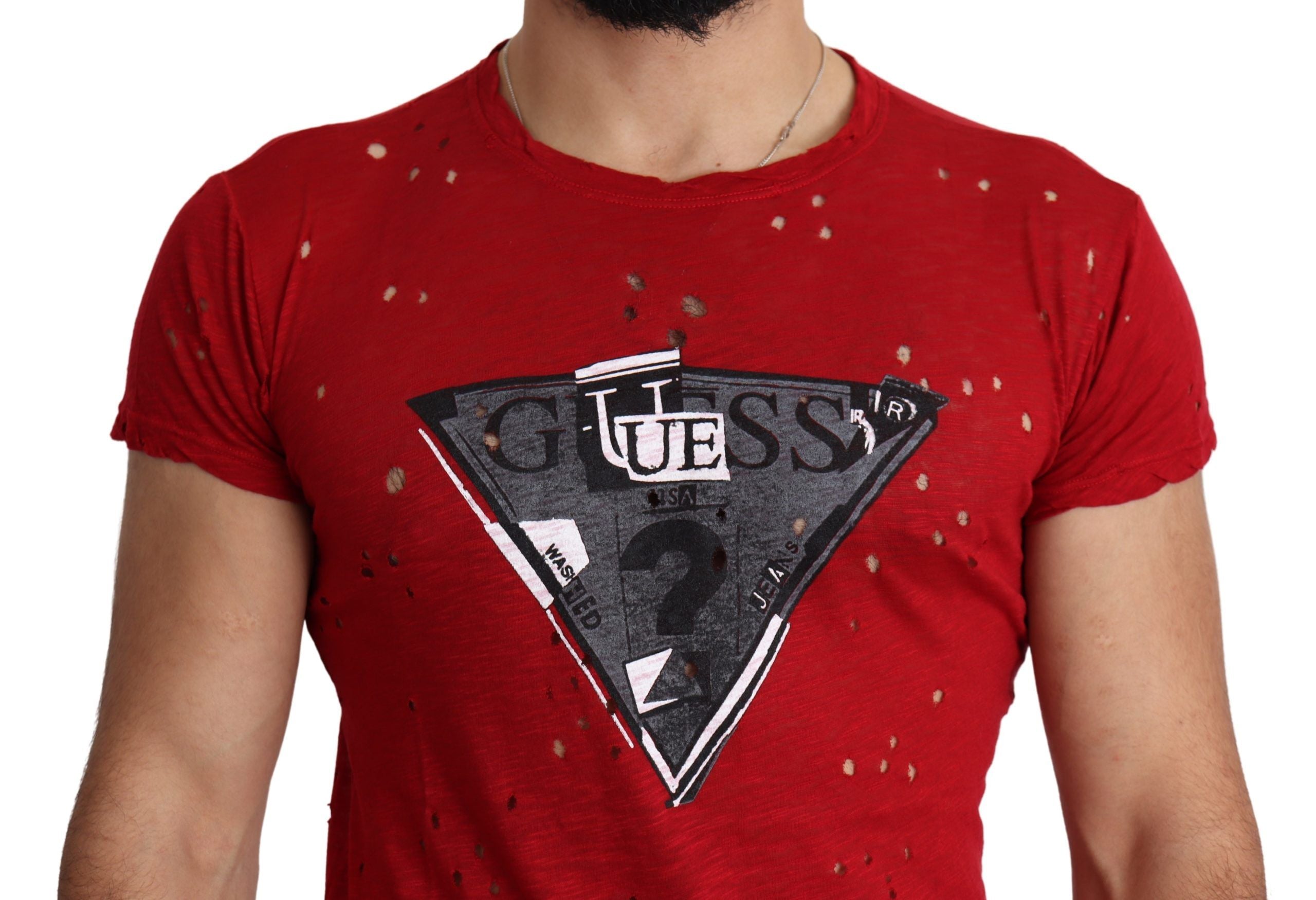 Guess Röd Bomullslogotyp Herr Avslappnad Topp Perforerad T-shirt