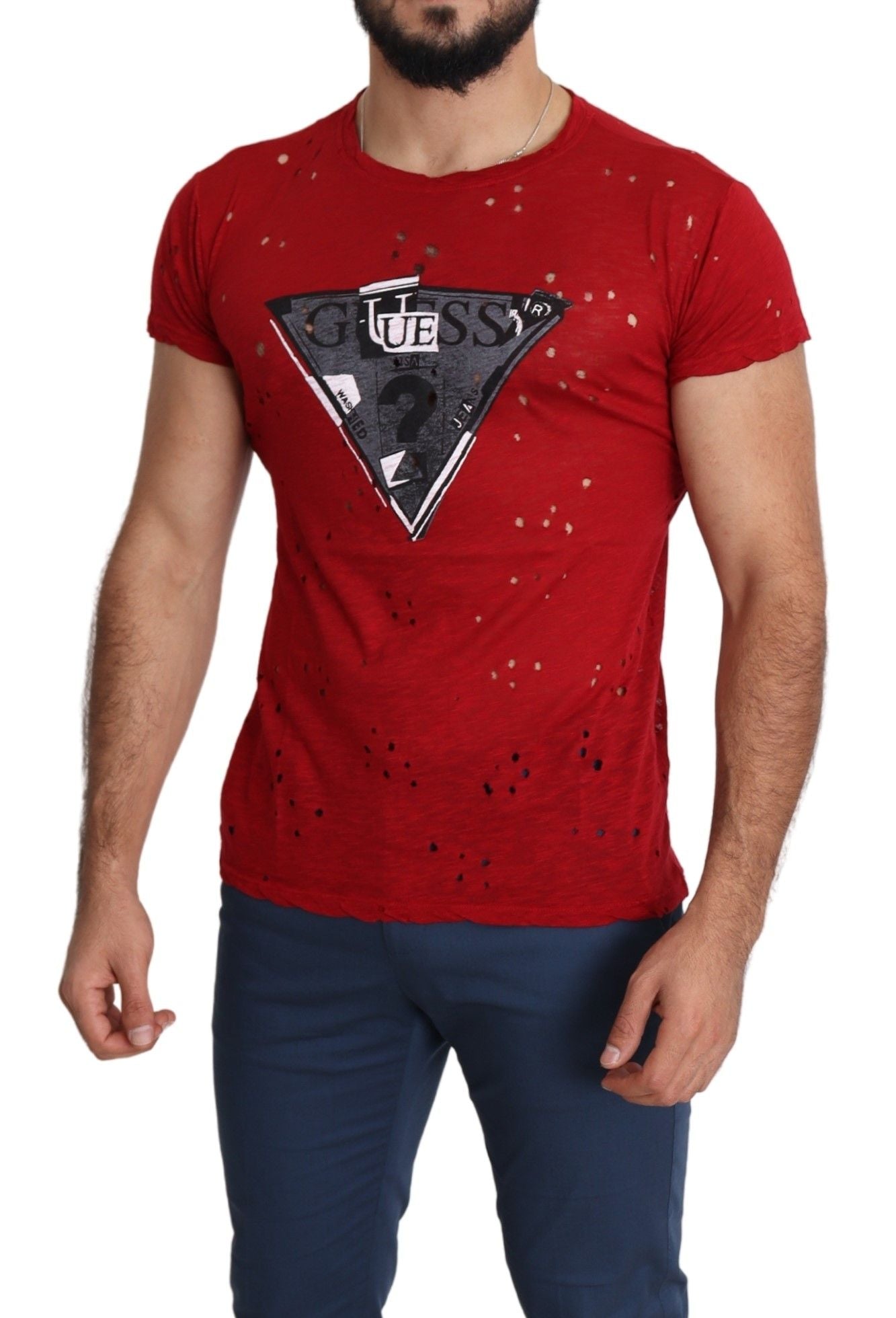 Guess Röd Bomullslogotyp Herr Avslappnad Topp Perforerad T-shirt