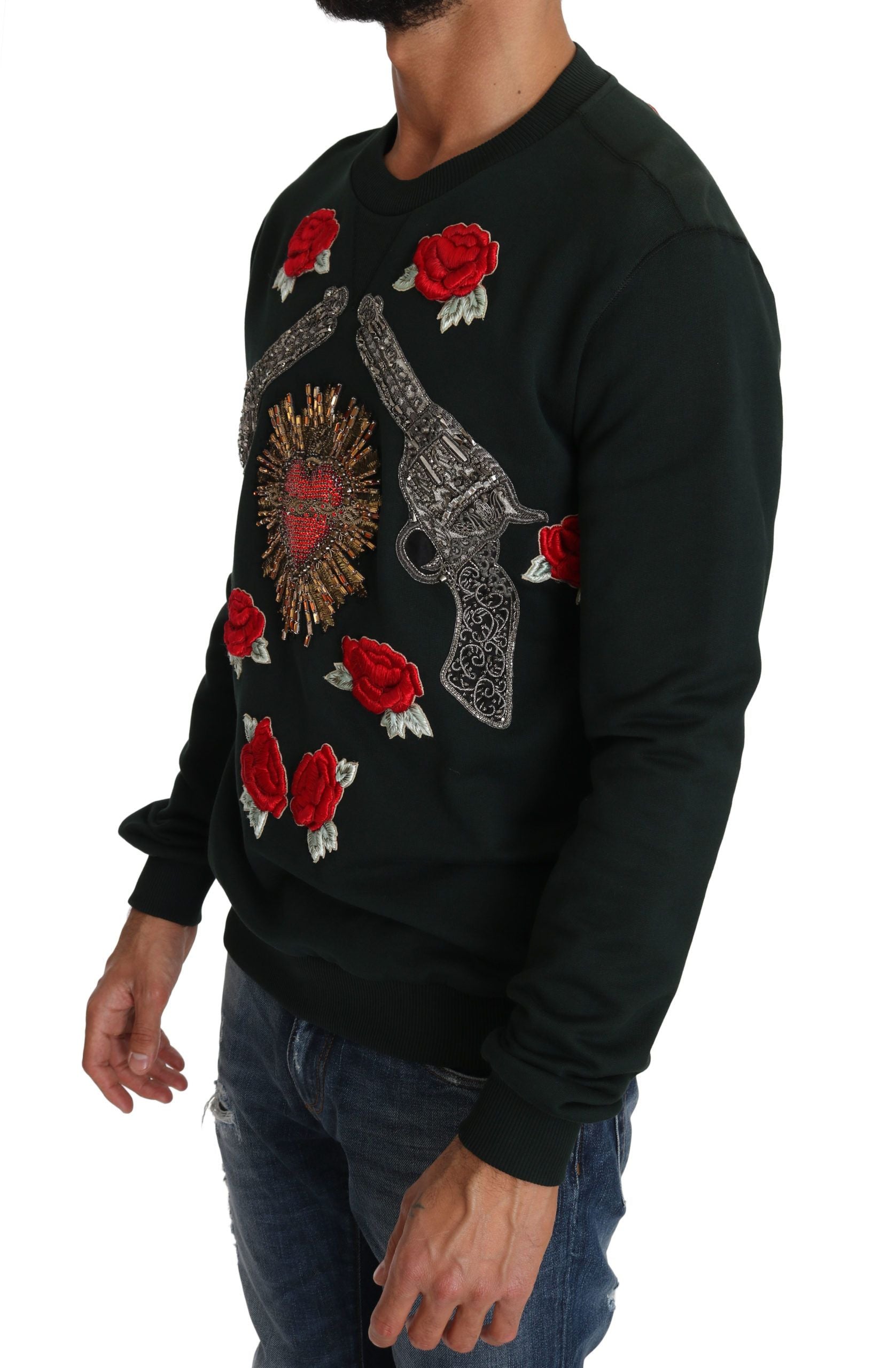 Dolce & Gabbana Grön Kristallhjärta Rosor Gun Tröja