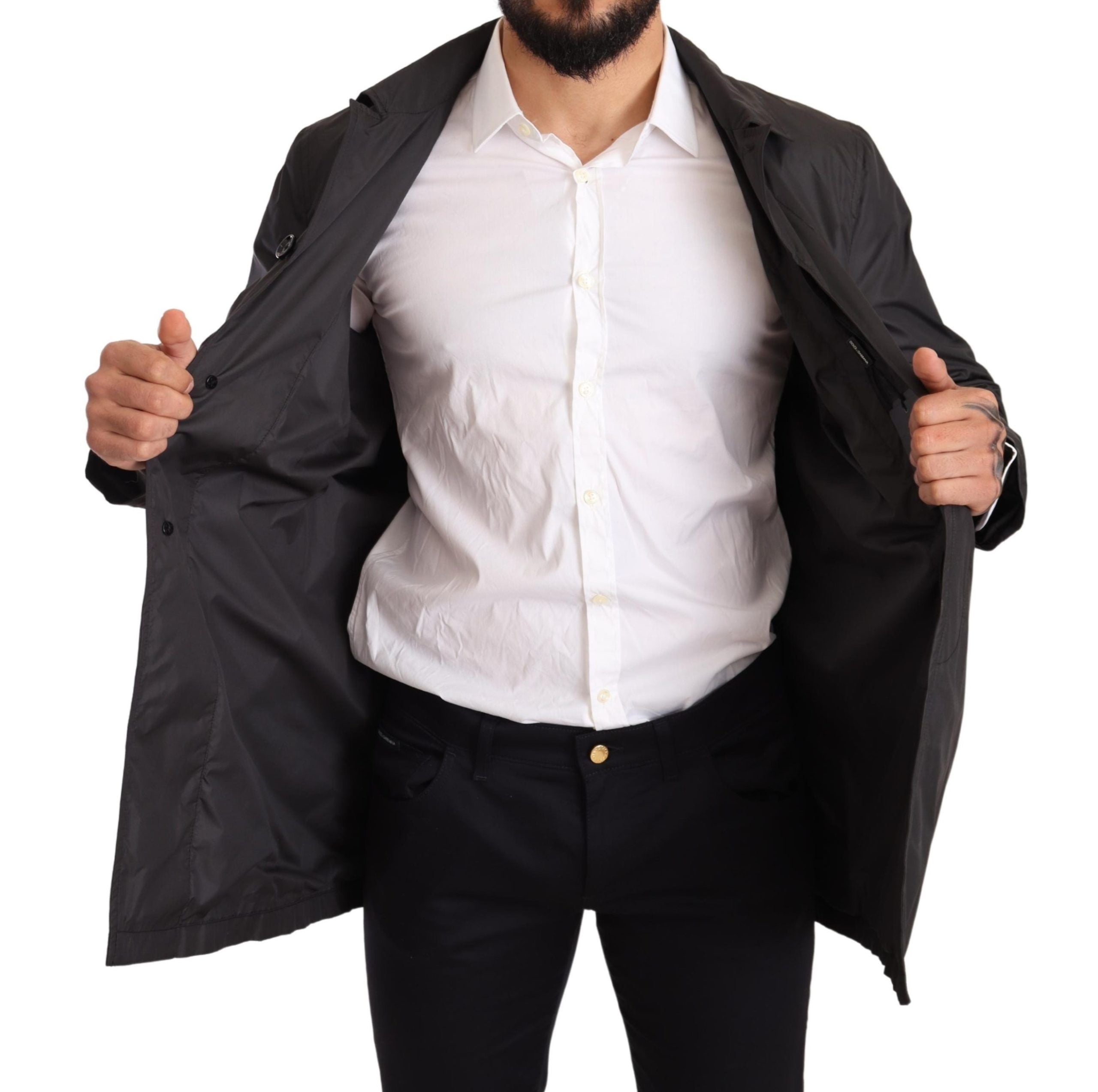 Dolce & Gabbana Svart Polyester Herr Trenchcoatjacka