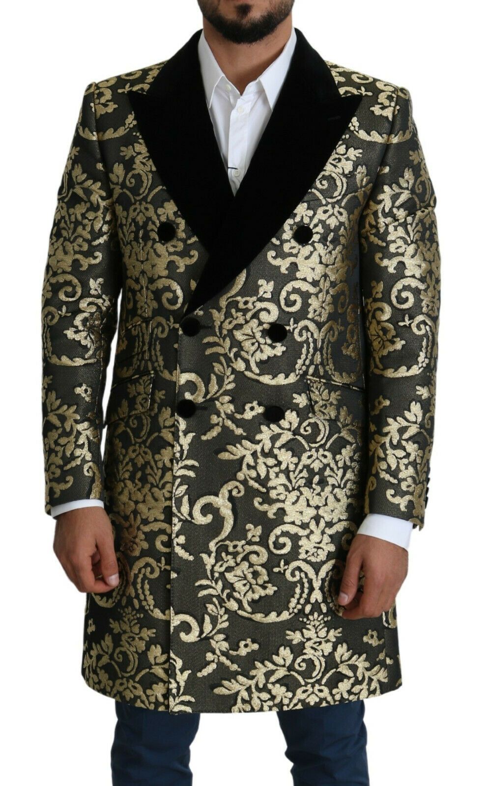 Dolce & Gabbana Svart Guld Jacquard Lång Kappa SICILIA Jacka