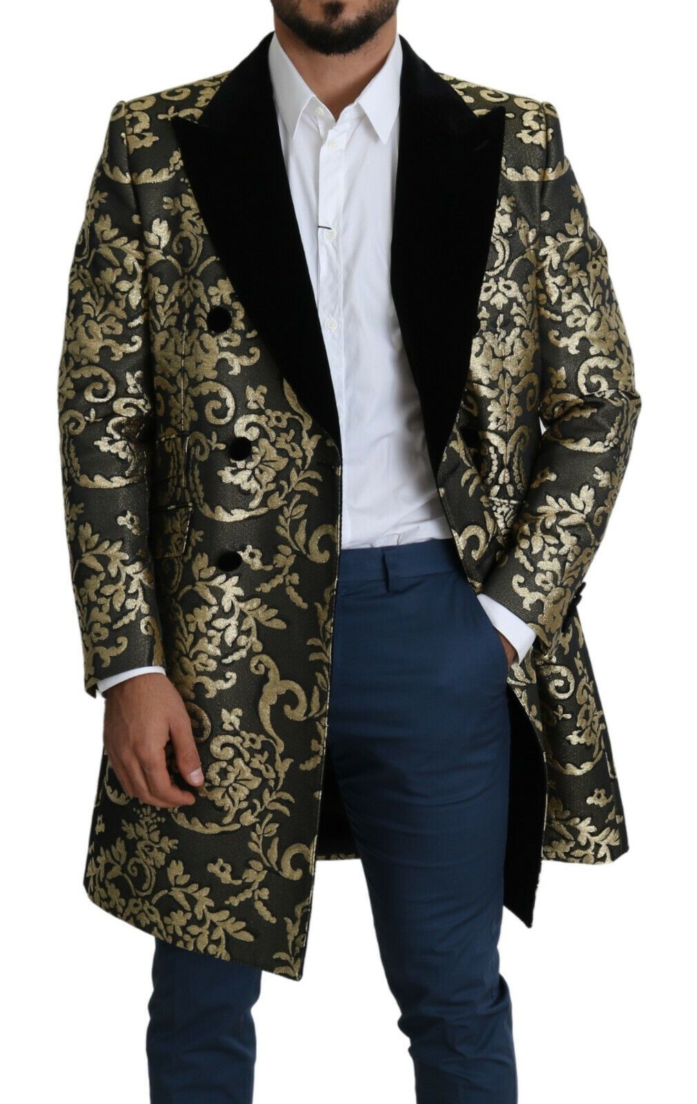 Dolce & Gabbana Svart Guld Jacquard Lång Kappa SICILIA Jacka
