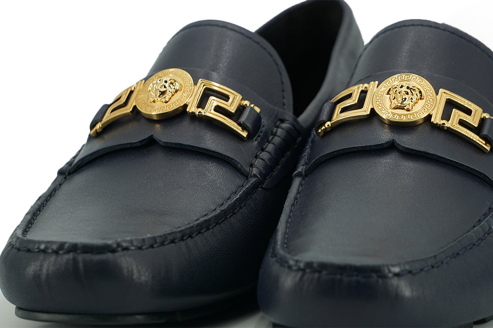 Versace Eleganta Marinblå Loafers i Kalvskinn
