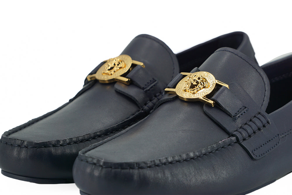 Versace Eleganta Marinblå Loafers i Kalvskinn