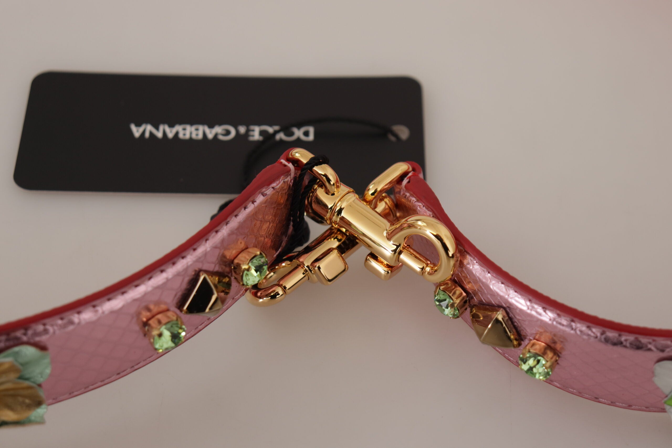 Dolce & Gabbana Metallic Rosa Läder Axelrem med Nitar