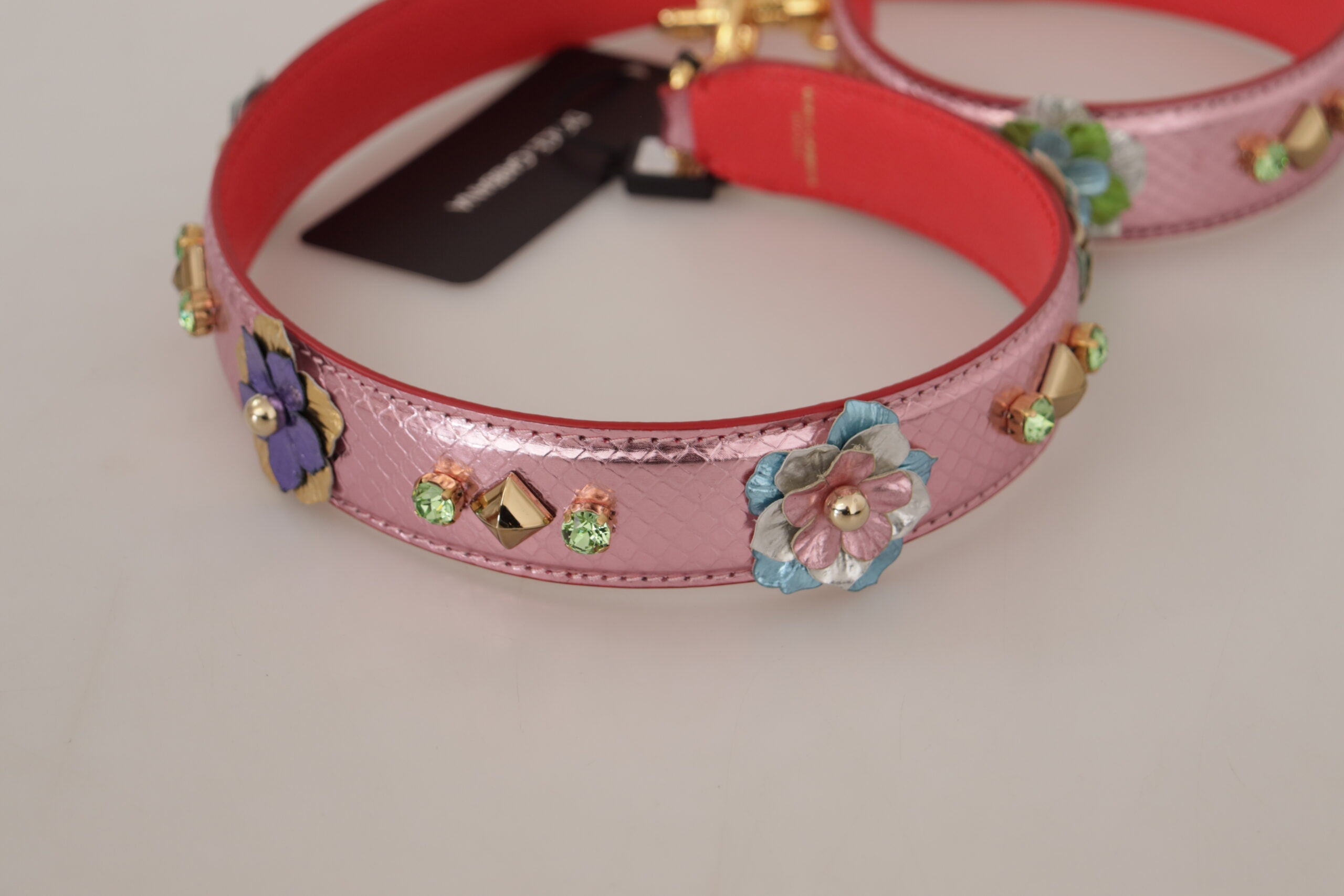 Dolce & Gabbana Metallic Rosa Läder Axelrem med Nitar