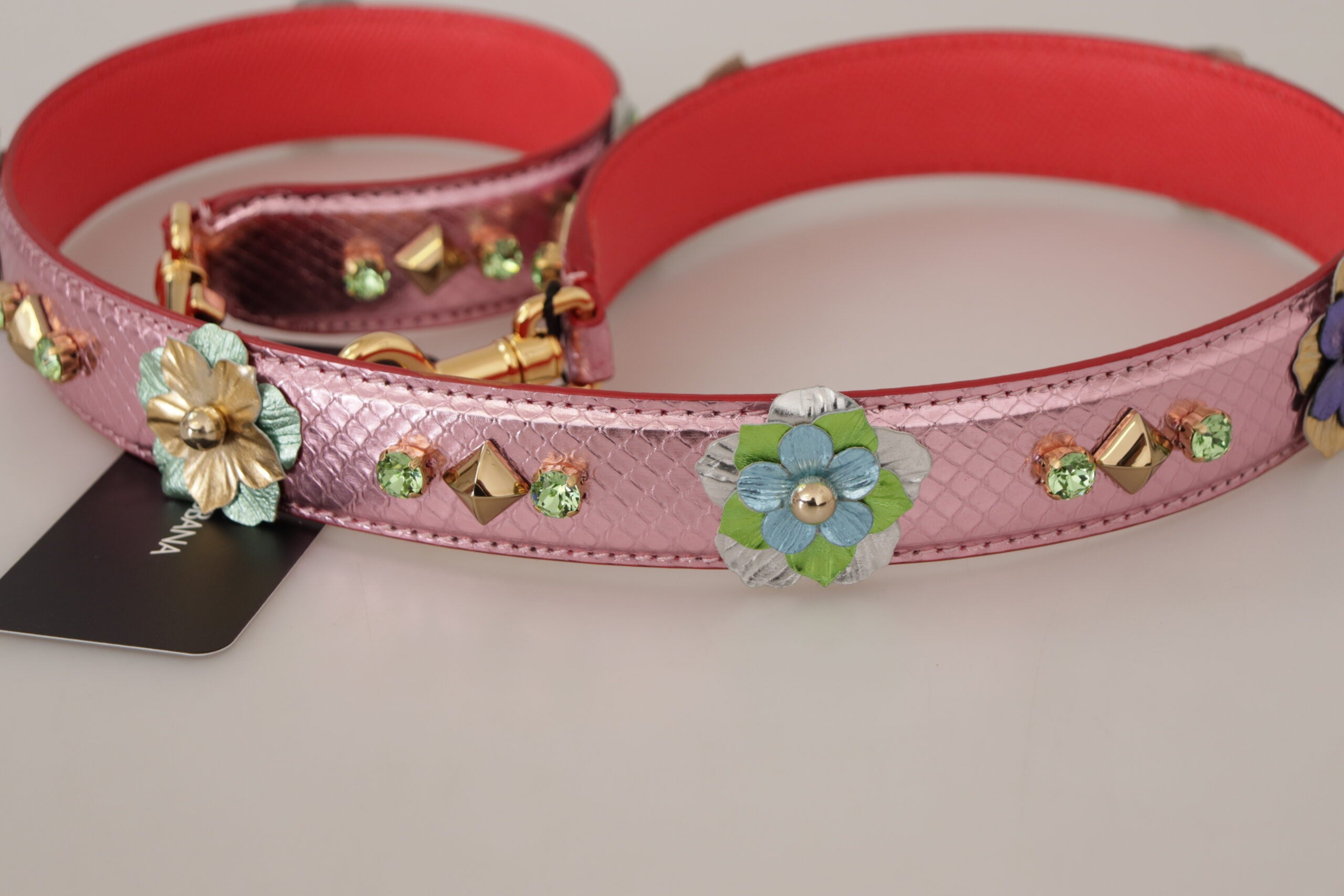 Dolce & Gabbana Metallic Rosa Läder Axelrem med Nitar