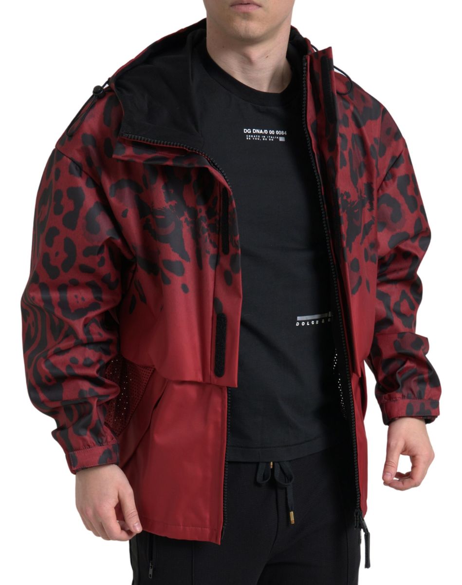 Dolce & Gabbana Röd Leopardjacka med Huva och Regnjacka