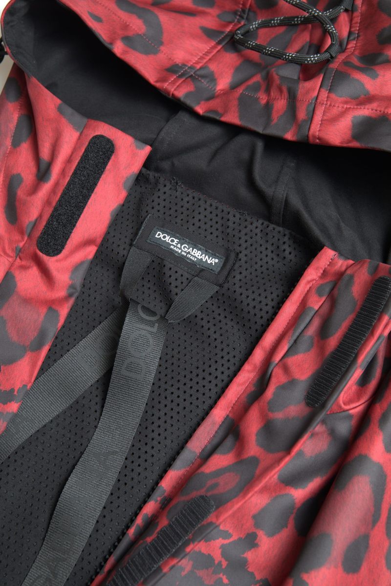 Dolce & Gabbana Röd Leopardjacka med Huva och Regnjacka