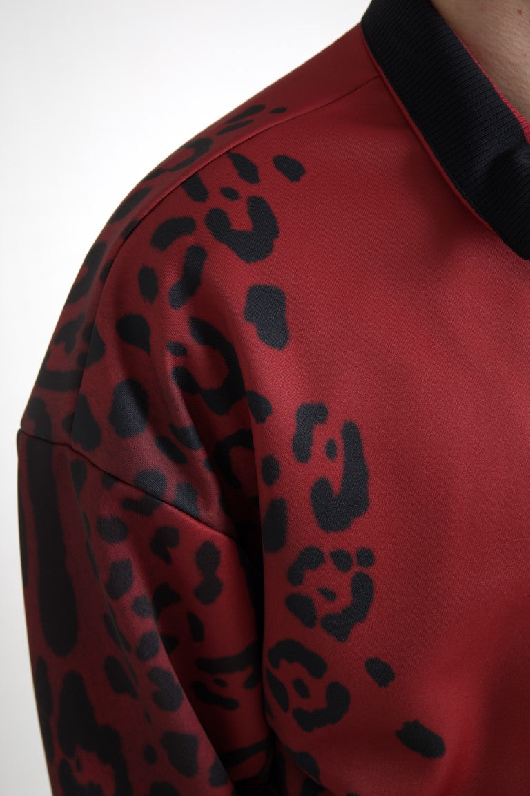 Dolce & Gabbana Röd Leopardfärgad Polyester Bomberjacka med Hel Dragkedja