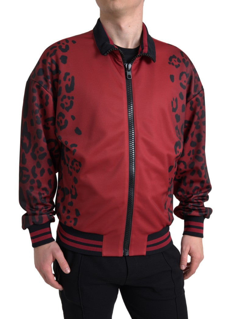 Dolce & Gabbana Röd Leopardfärgad Polyester Bomberjacka med Hel Dragkedja