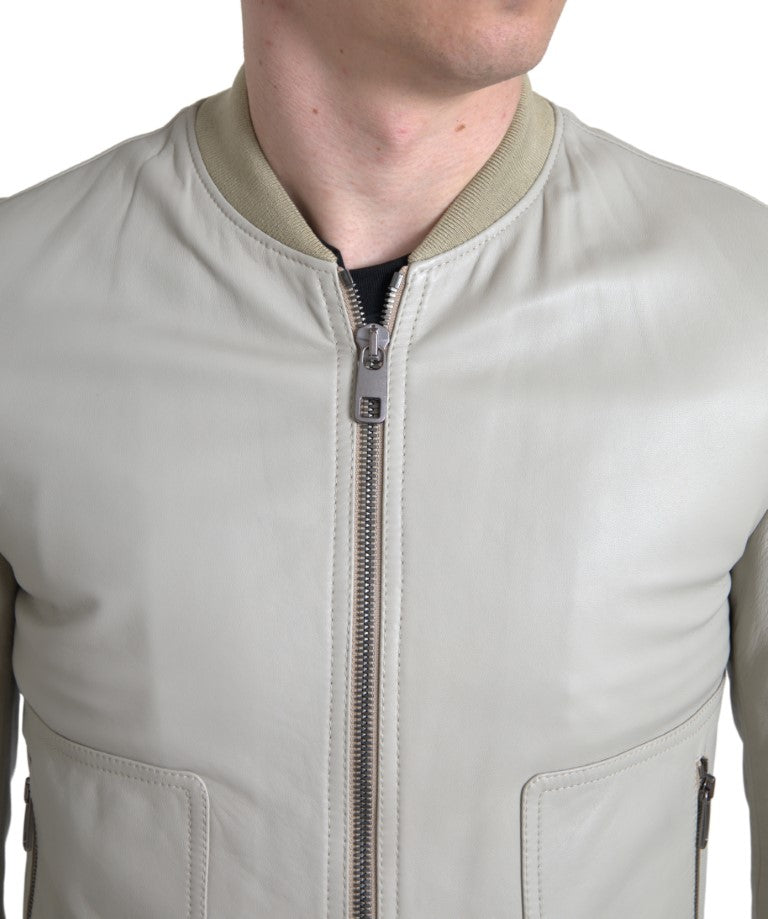 Dolce & Gabbana Krämfärgad Läderbomber Blouson Hel Dragkedja