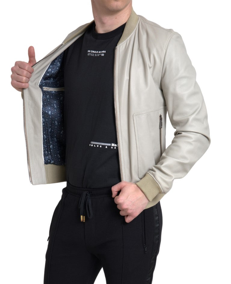 Dolce & Gabbana Krämfärgad Läderbomber Blouson Hel Dragkedja