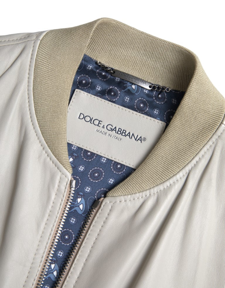 Dolce & Gabbana Krämfärgad Läderbomber Blouson Hel Dragkedja