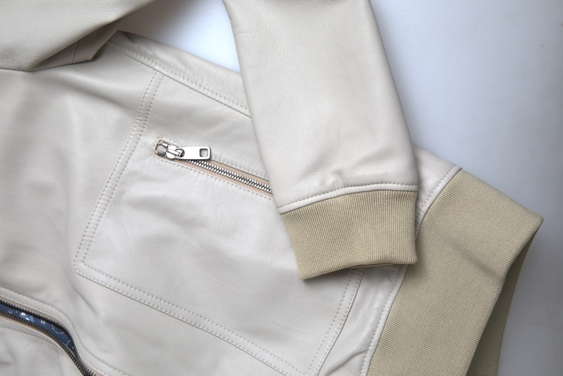 Dolce & Gabbana Krämfärgad Läderbomber Blouson Hel Dragkedja