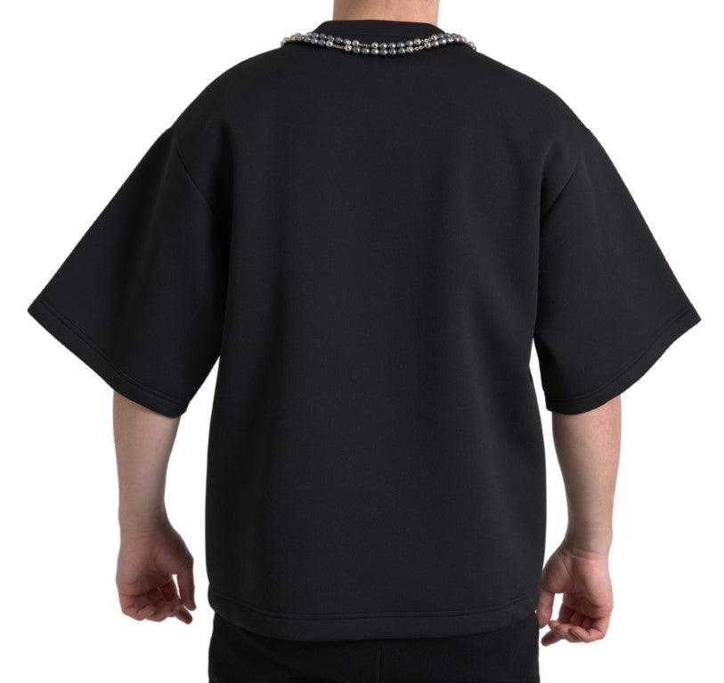 Dolce & Gabbana svart halsbands-t-shirt med utsmyckad polyester