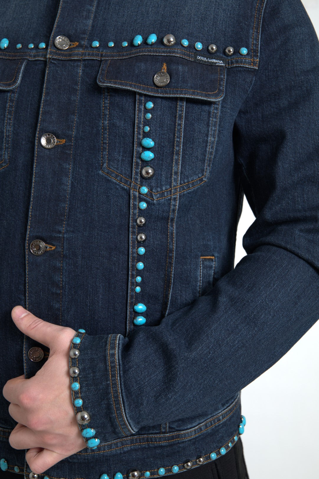 Dolce & Gabbana Blå Denim Turkos Stenar Nitjacka