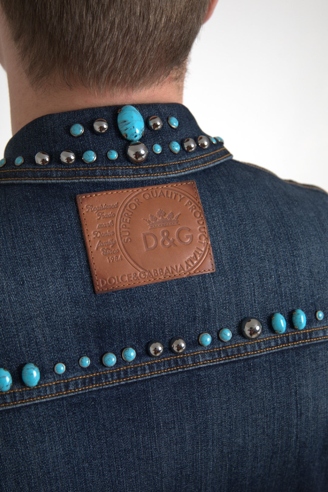 Dolce & Gabbana Blå Denim Turkos Stenar Nitjacka