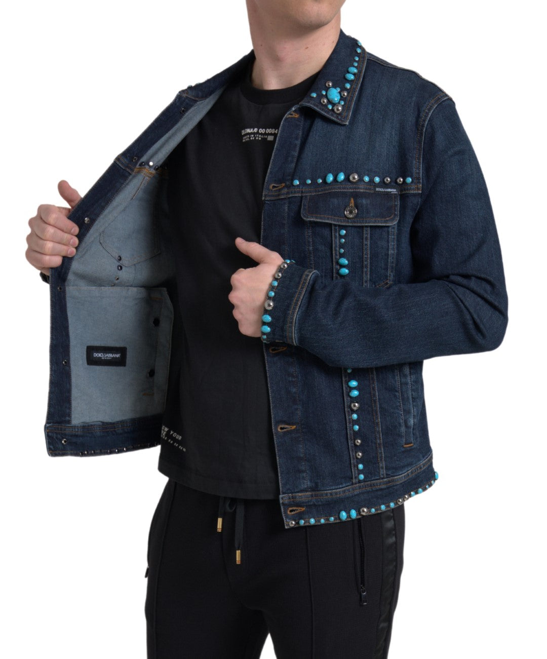 Dolce & Gabbana Blå Denim Turkos Stenar Nitjacka