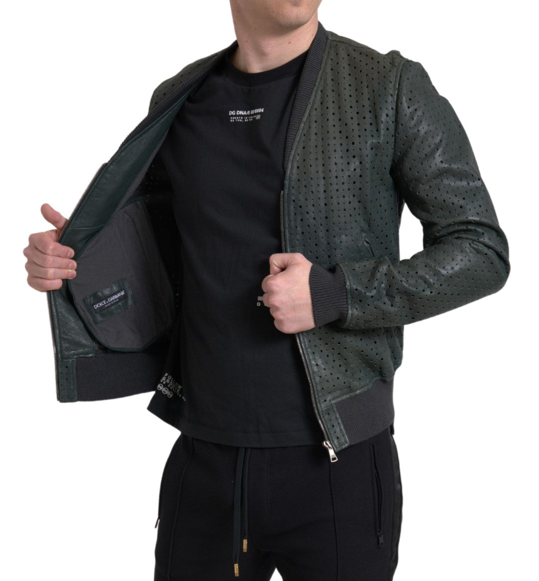 Dolce & Gabbana Grön Perforerad Läderbomberjacka
