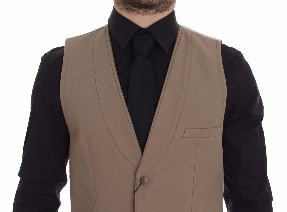 Dolce & Gabbana Beige Bomullsklänning med Slim Fit och Knappar Framtill