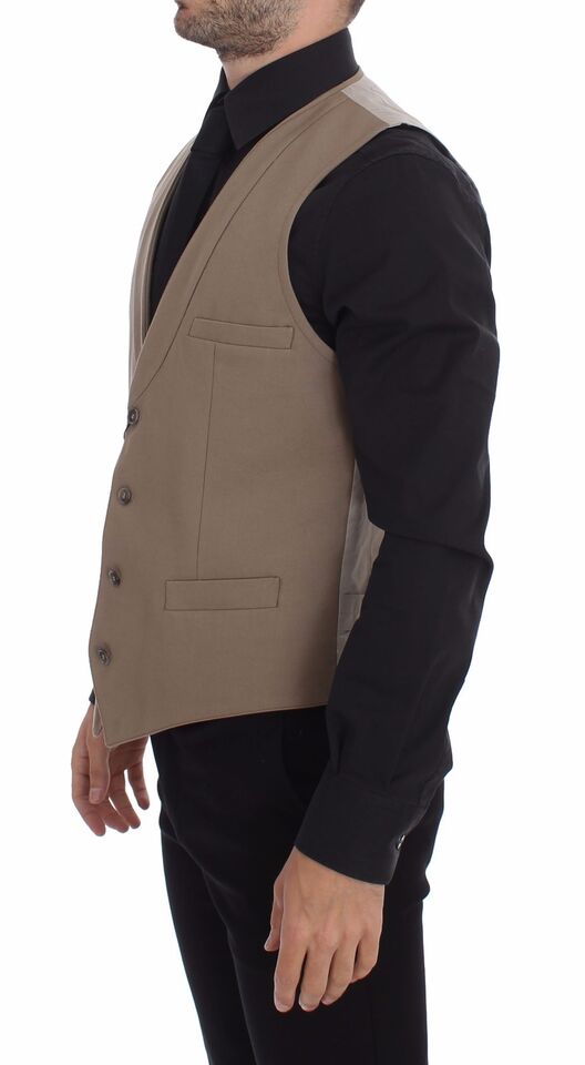 Dolce & Gabbana Beige Bomullsklänning med Slim Fit och Knappar Framtill