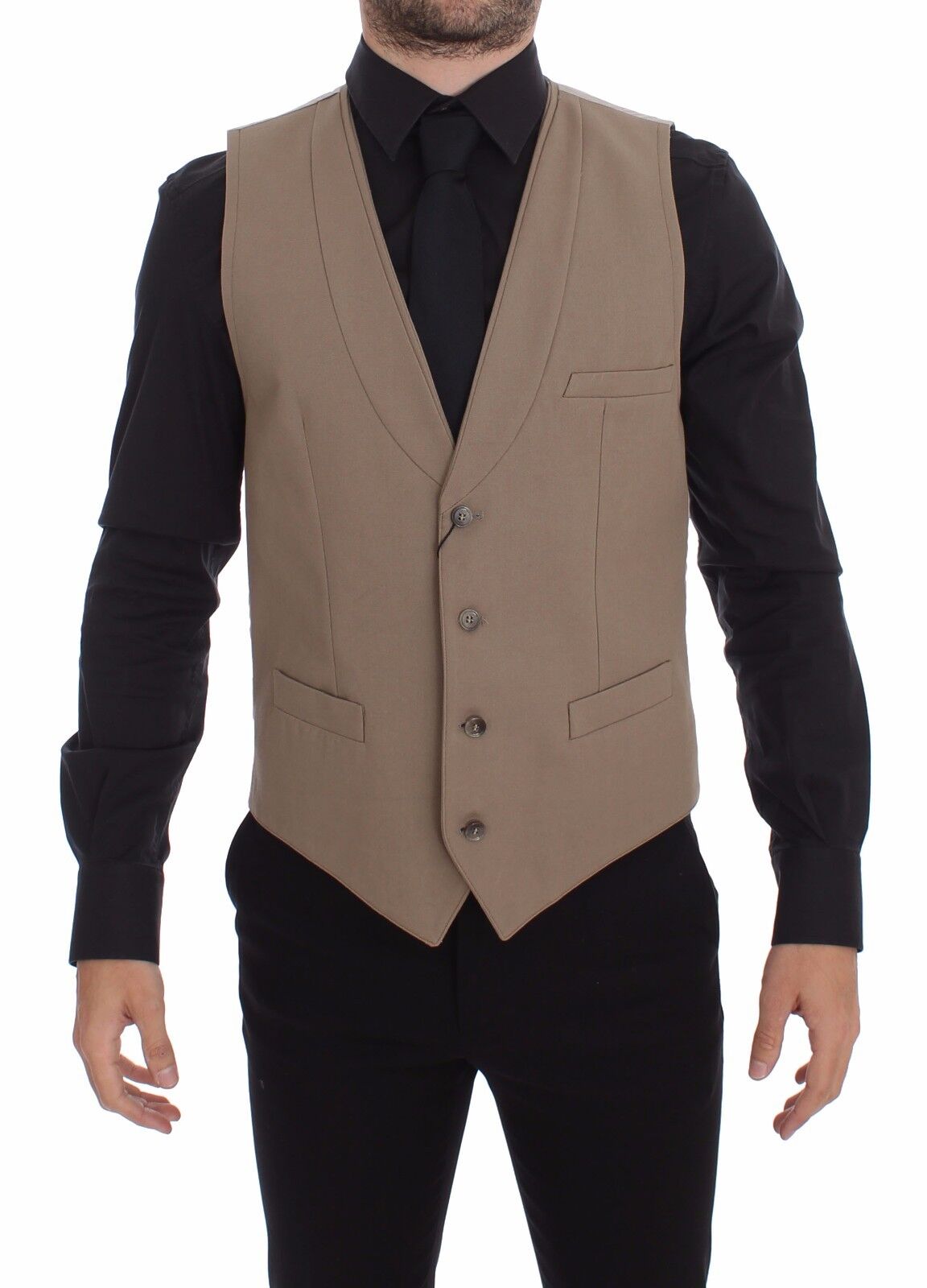 Dolce & Gabbana Beige Bomullsklänning med Slim Fit och Knappar Framtill
