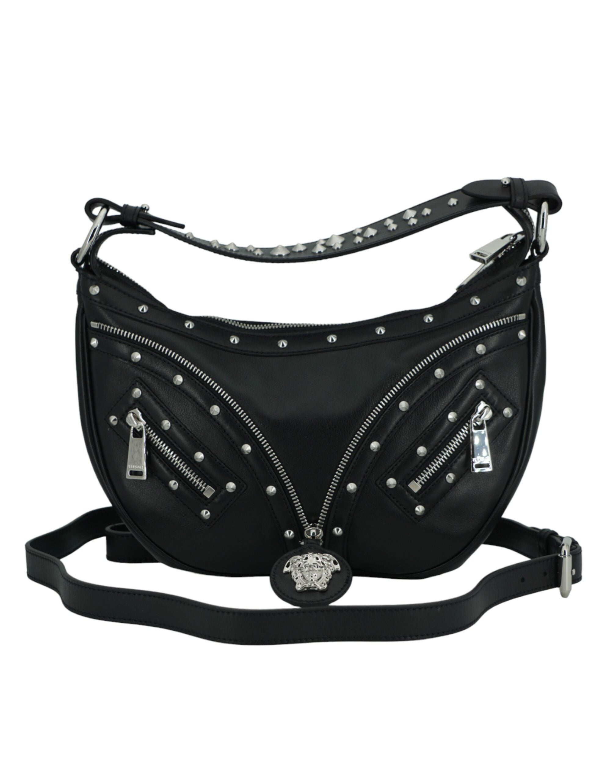 Versace Elegant Svart Läder Hobo Axelväska
