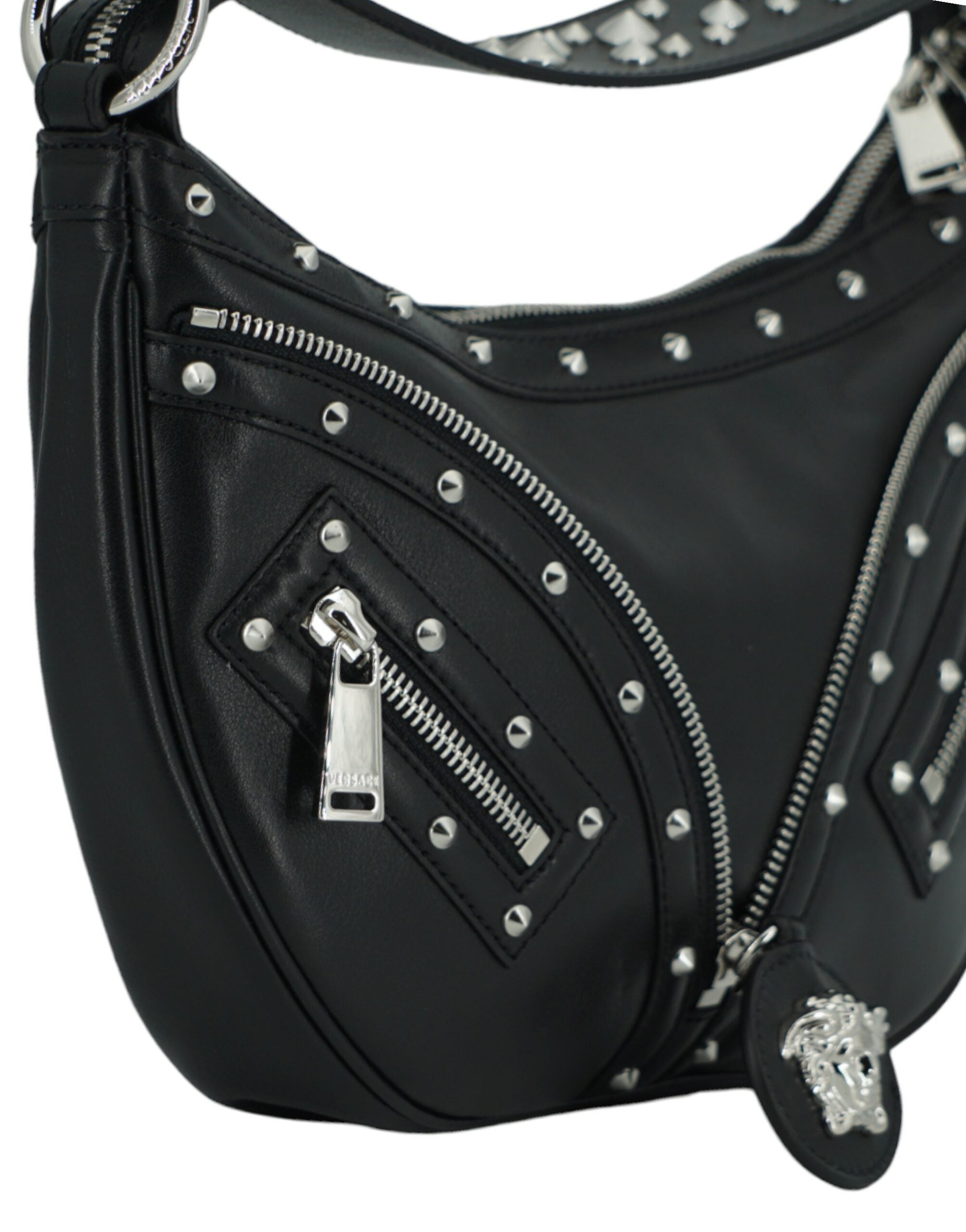 Versace Elegant Svart Läder Hobo Axelväska