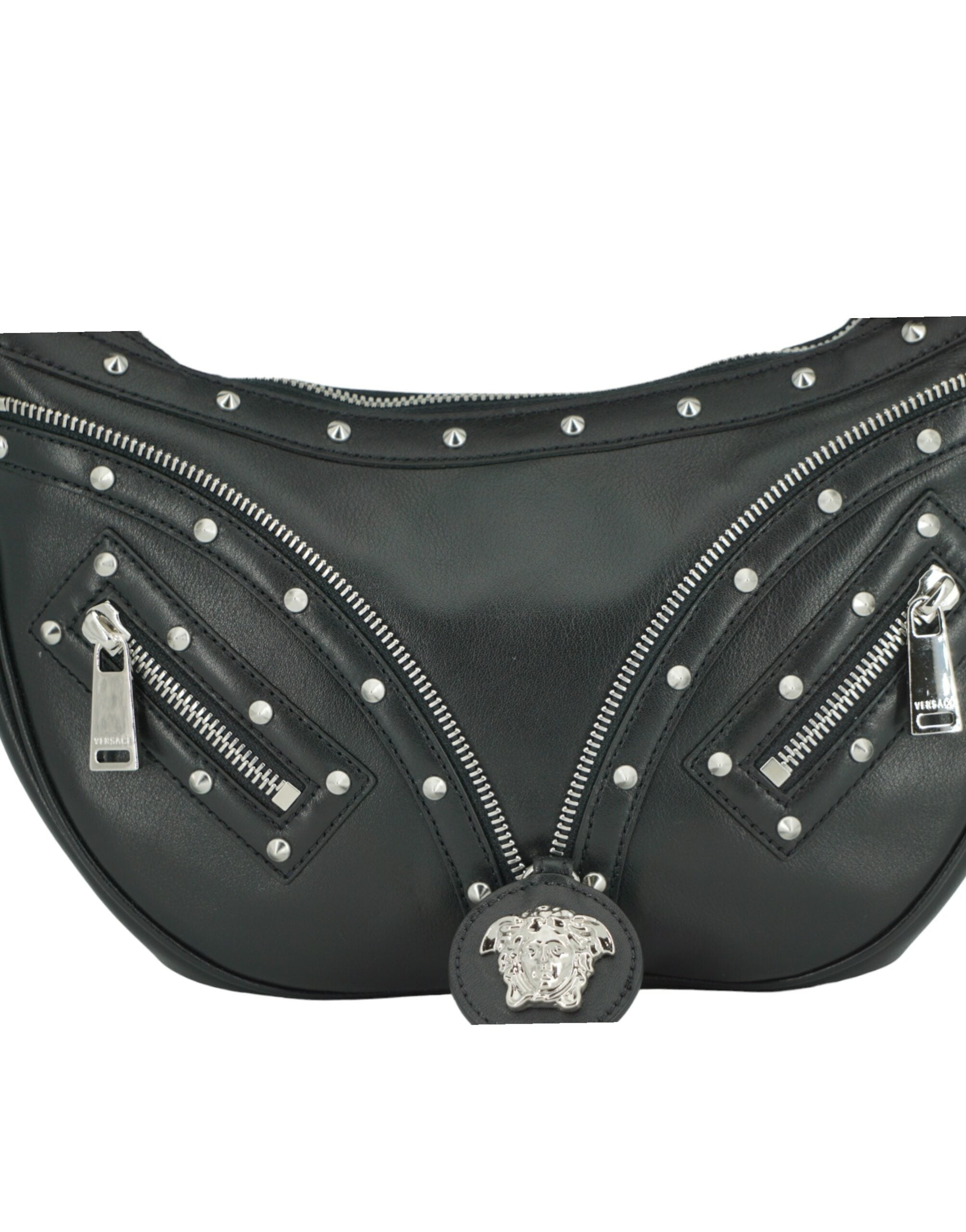 Versace Elegant Svart Läder Hobo Axelväska