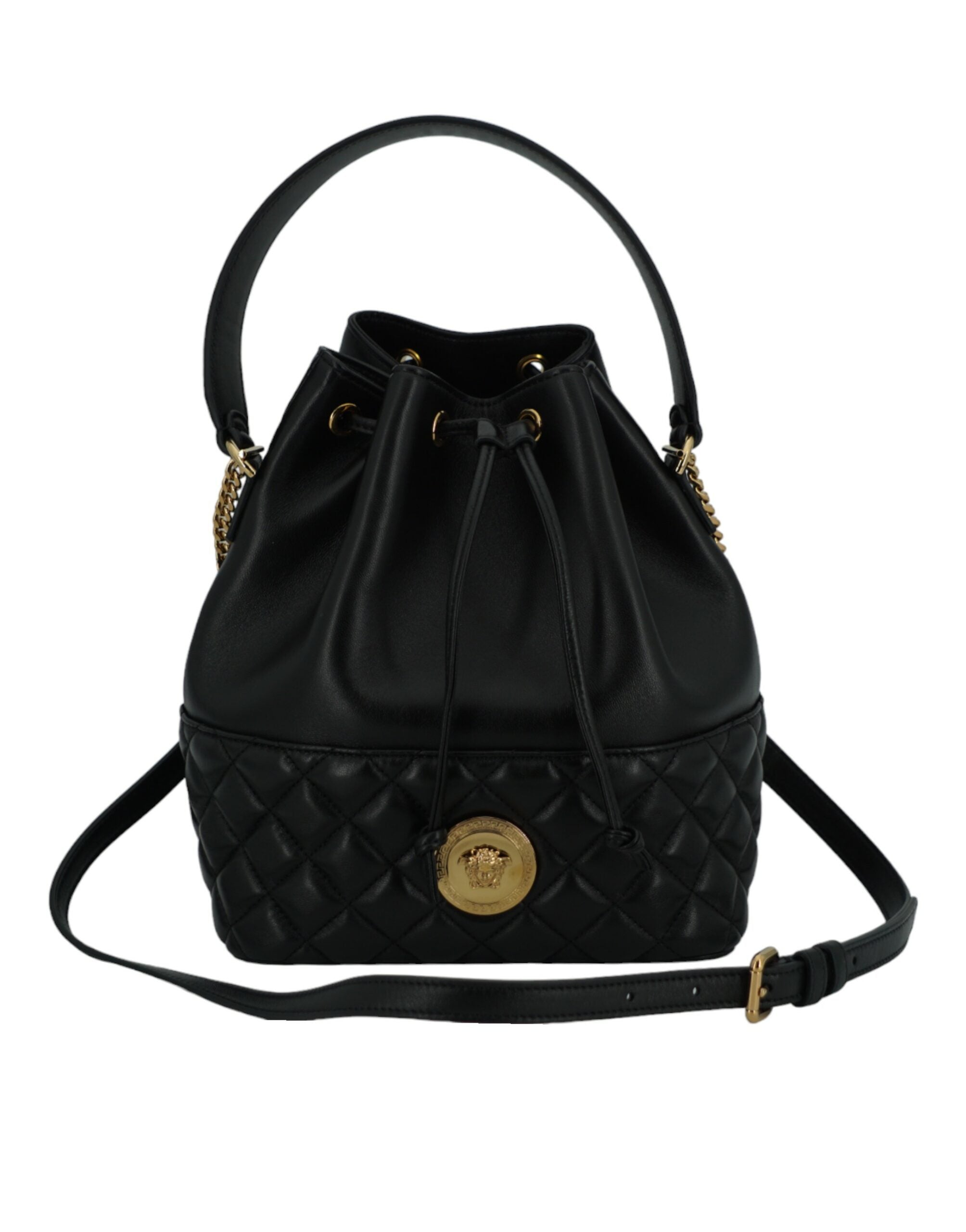 Versace Elegant Svart Läder Medusa Bucket Axelväska