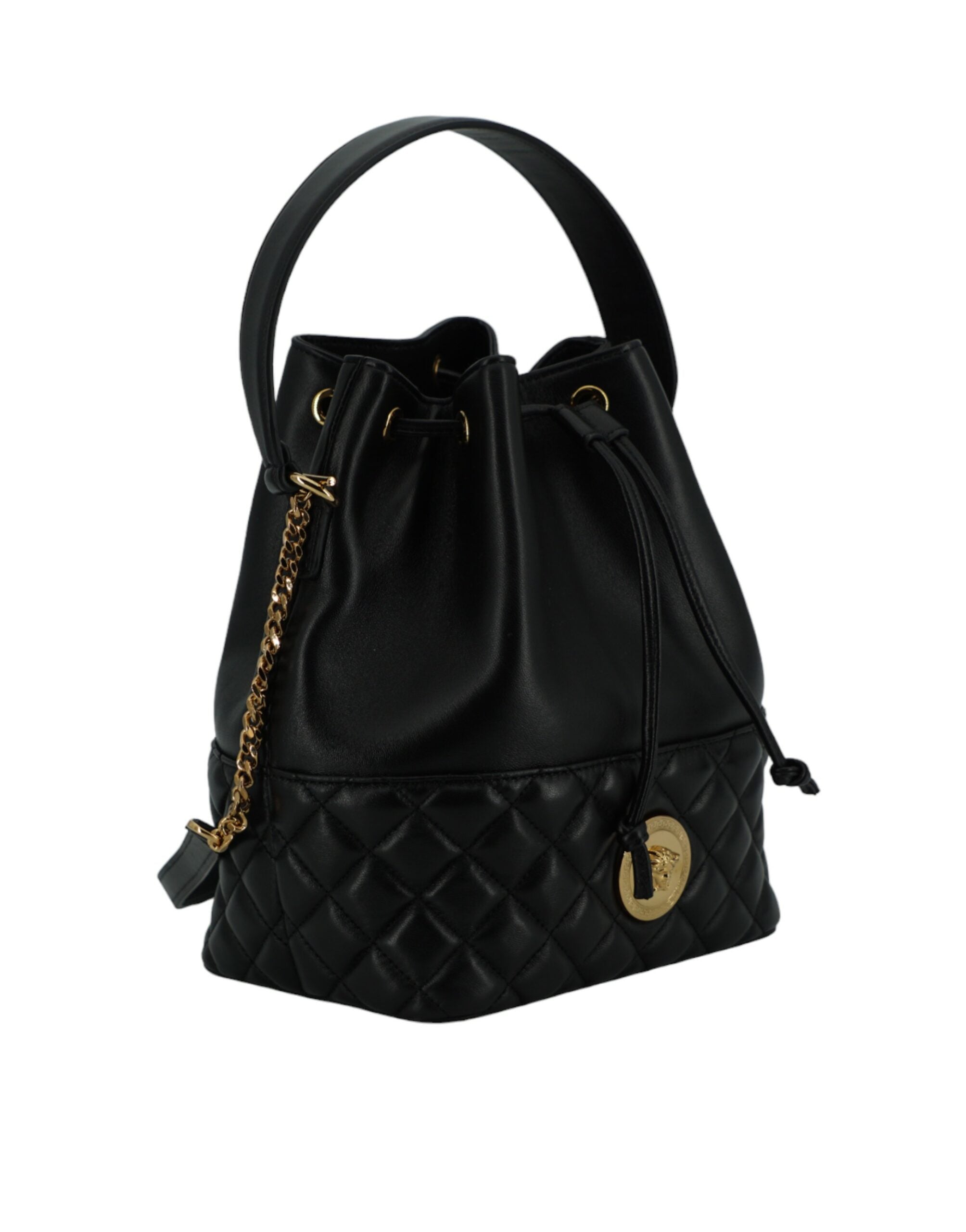 Versace Elegant Svart Läder Medusa Bucket Axelväska