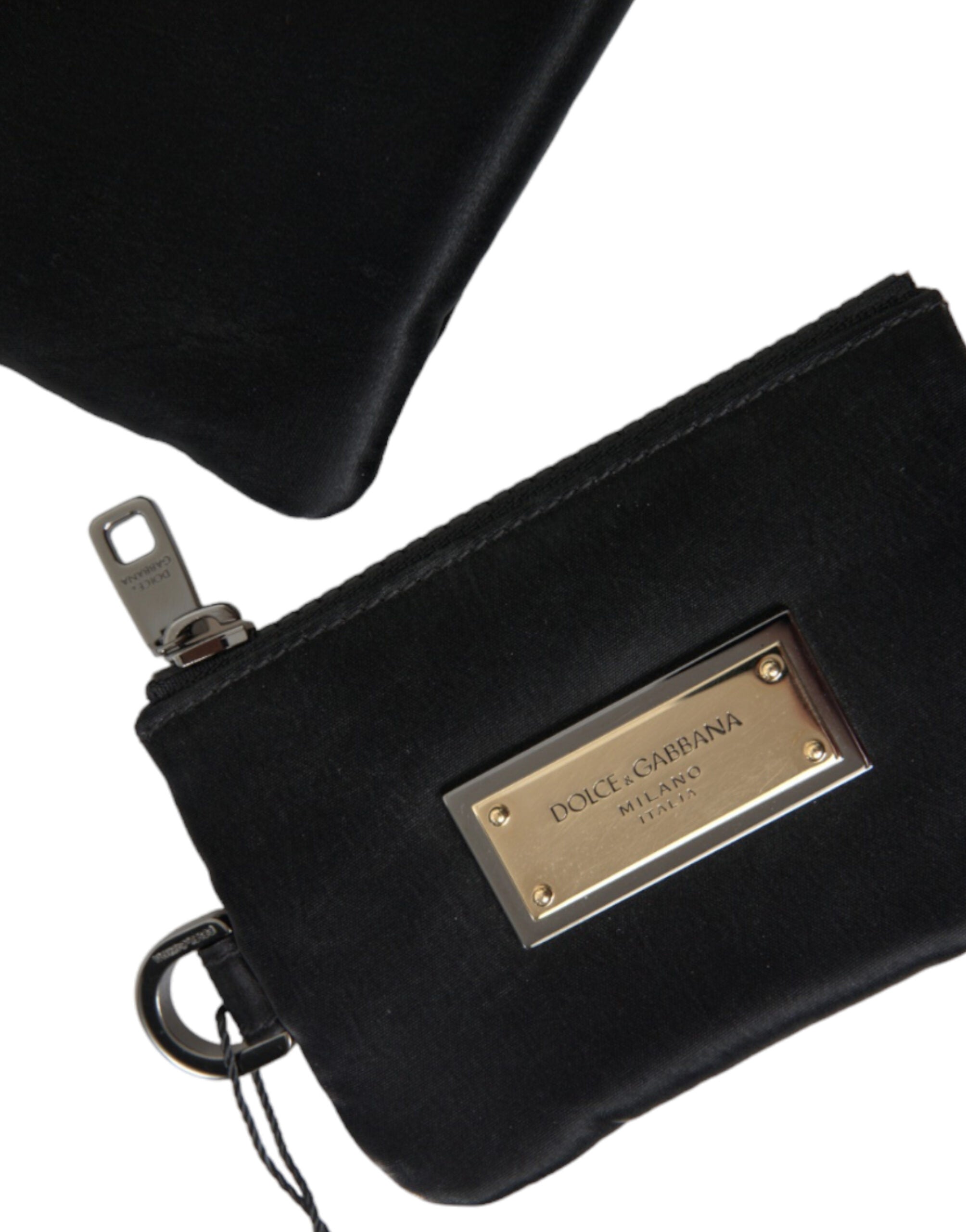 Dolce & Gabbana svart nylon nyckelringspåse med logotyp och plack kuvertväska