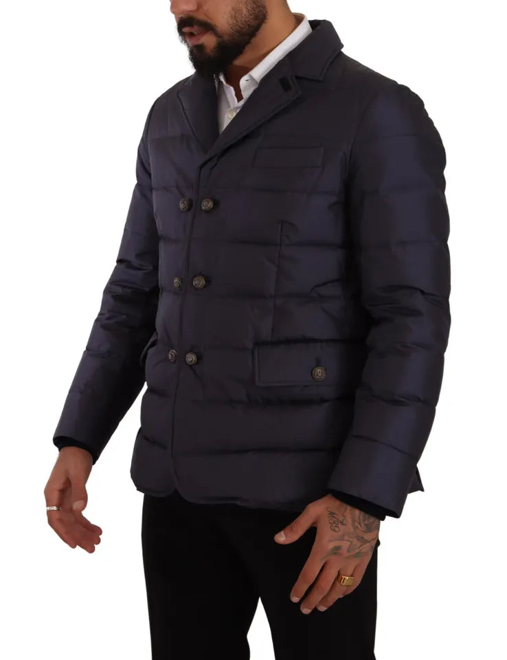 Dolce & Gabbana Blå Siden Getkappa Blouson Vinterjacka