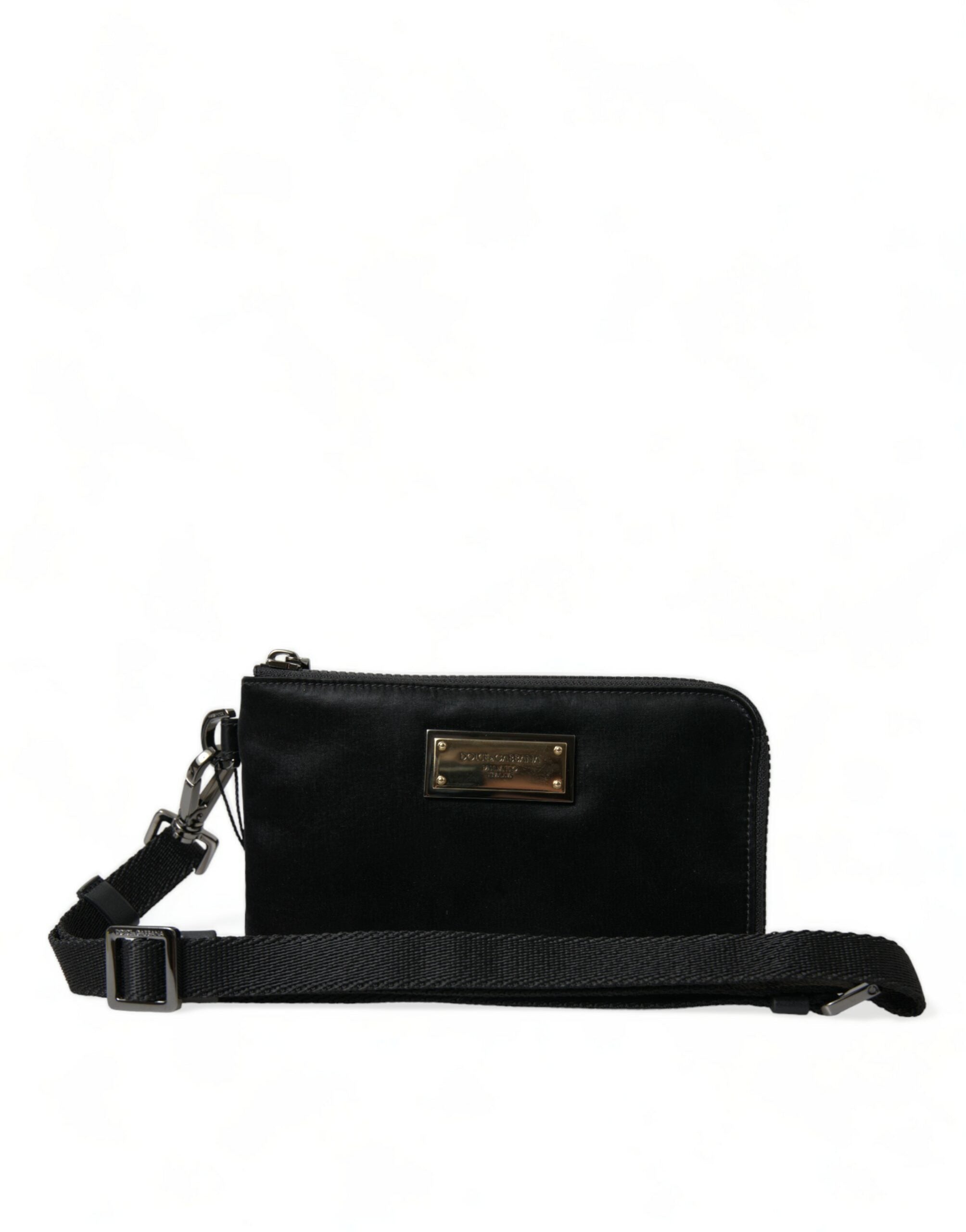 Dolce & Gabbana svart nylon nyckelringspåse med logotyp och plack kuvertväska