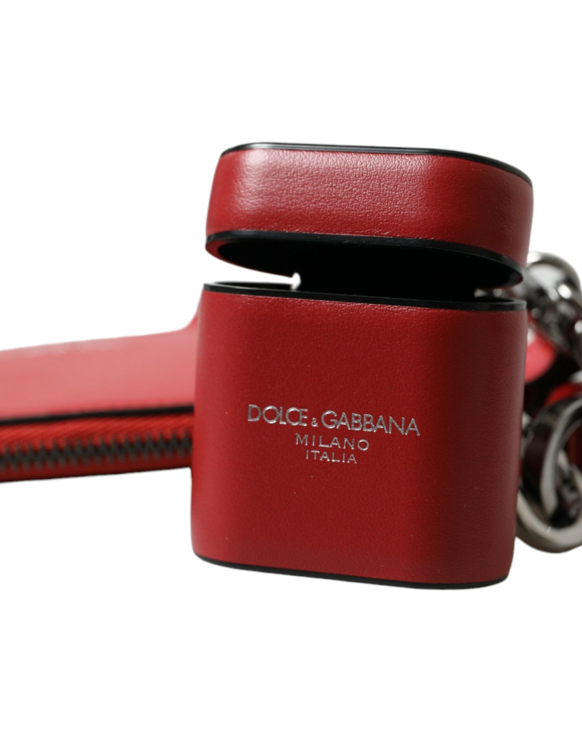 Dolce & Gabbana Rött Läder Silver Metall Logotyprem Påse Airpods-fodral