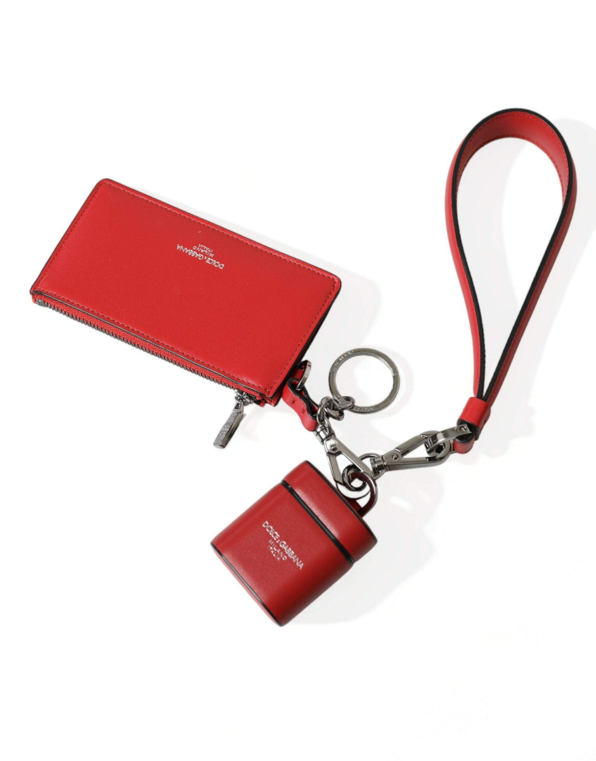 Dolce & Gabbana Rött Läder Silver Metall Logotyprem Påse Airpods-fodral