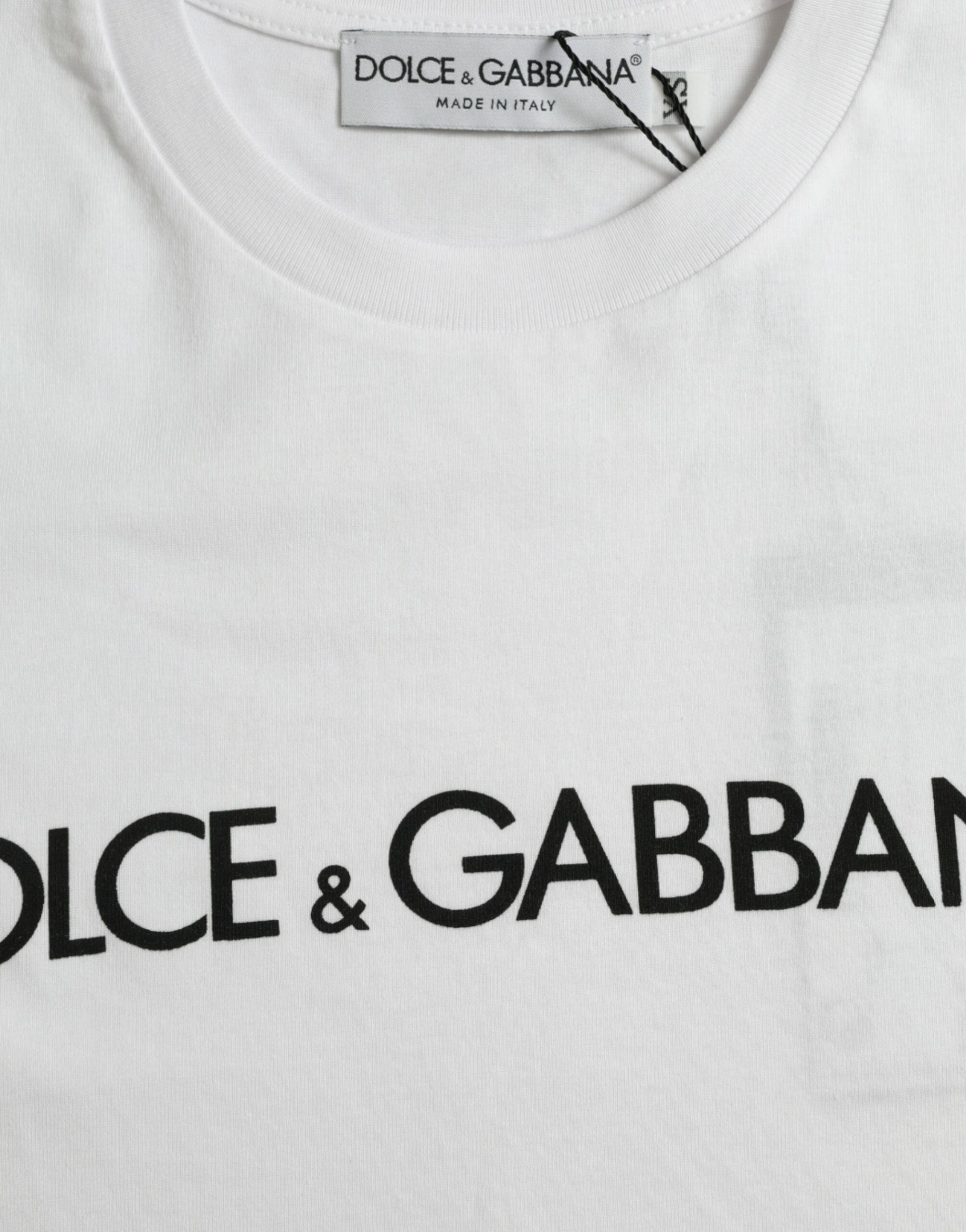 Dolce & Gabbana Vit Logotyptryckt Bomulls-T-shirt med Rund Hals