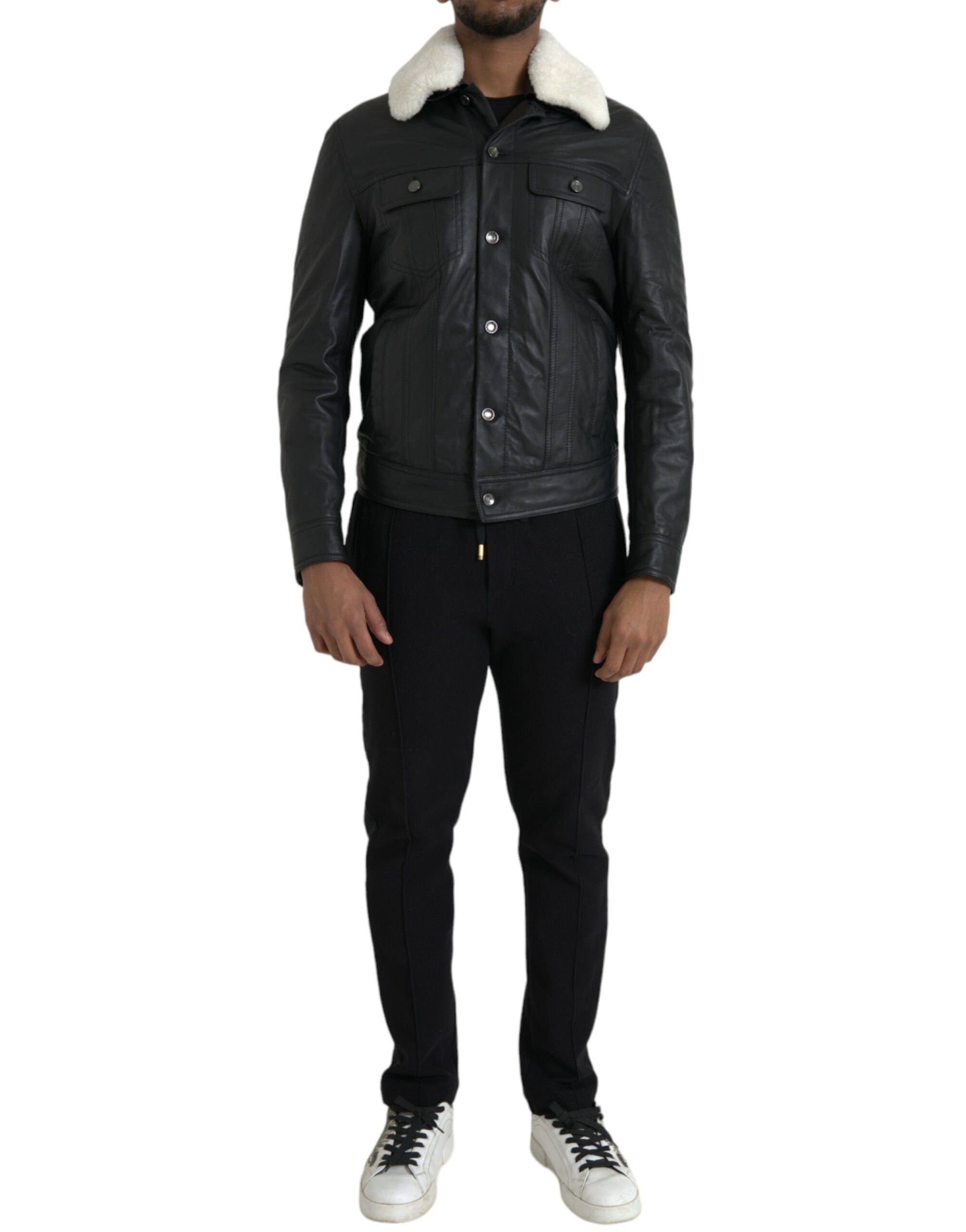 Dolce & Gabbana Svart Läderjacka med Pälskrage