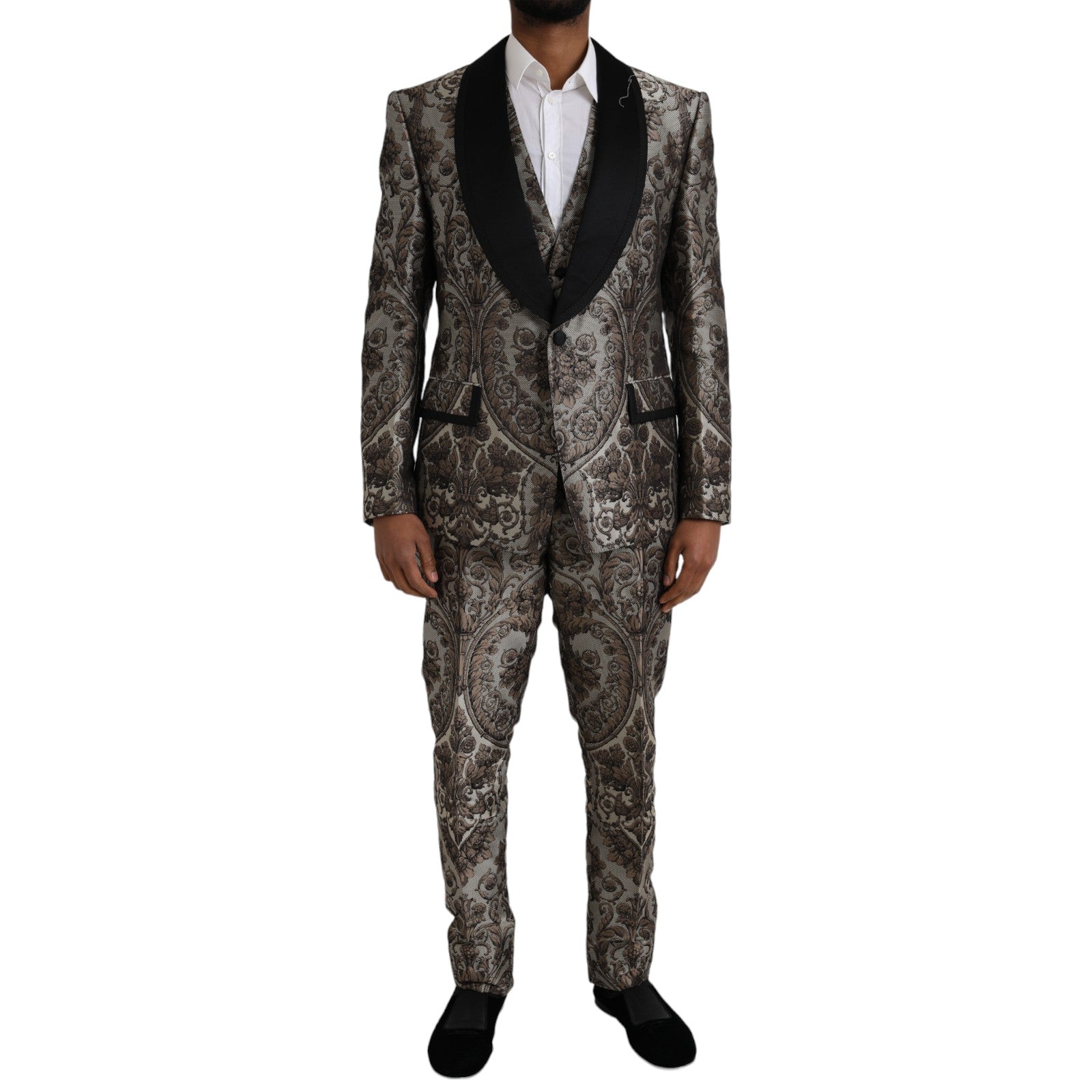 Dolce & Gabbana Brun Blommig Jacquard Kostym i 3 Delad Formell Kostym