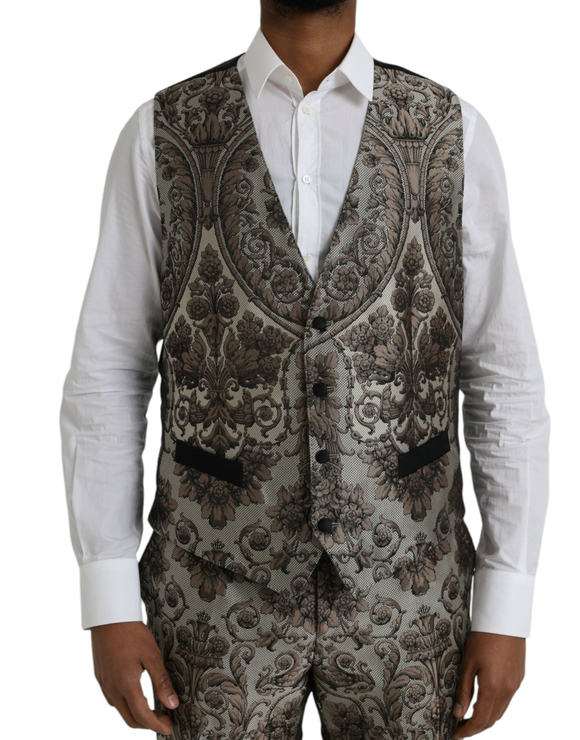 Dolce & Gabbana Brun Blommig Jacquard Kostym i 3 Delad Formell Kostym