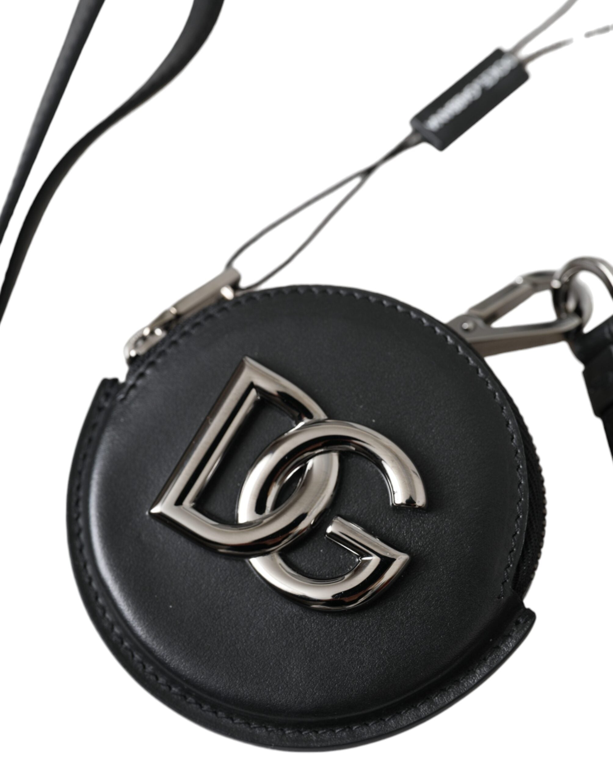 Dolce & Gabbana Svart Rund Läder Myntväska DG Logotyp Snodd Plånbok
