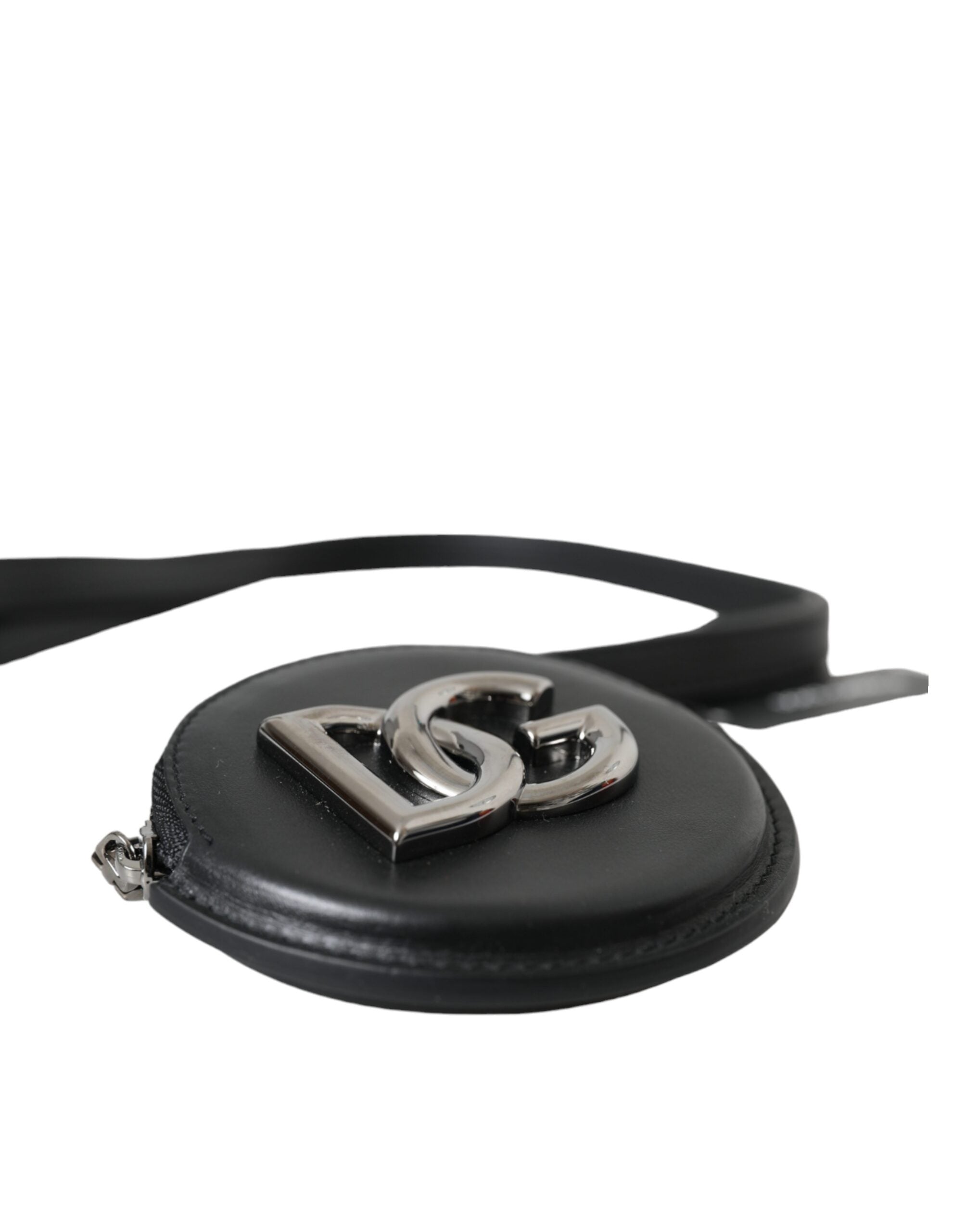 Dolce & Gabbana Svart Rund Läder Myntväska DG Logotyp Snodd Plånbok