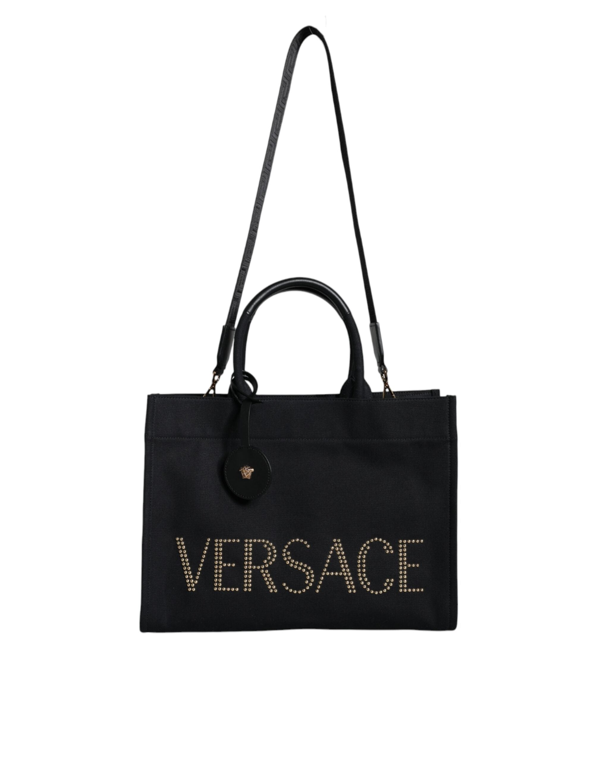 Versace svart axelväska i läder med kanvas och logotyp