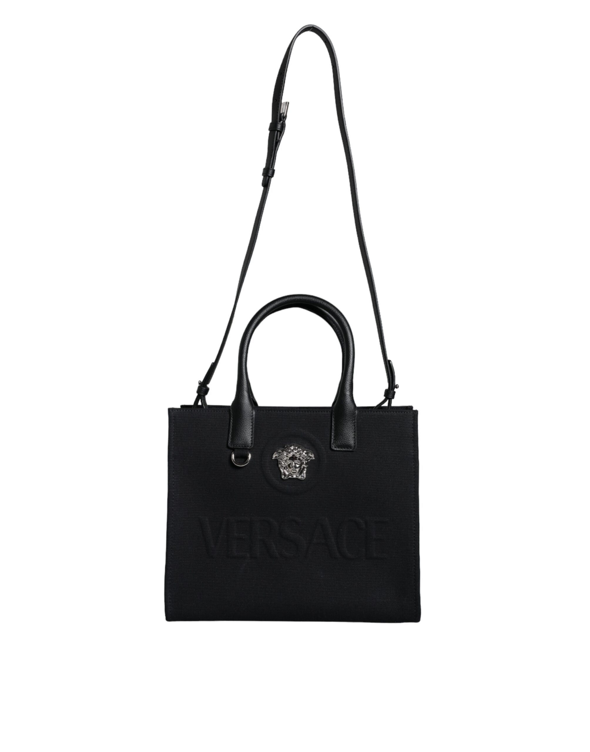 Versace svart axelväska i läder med kanvas och logotyp