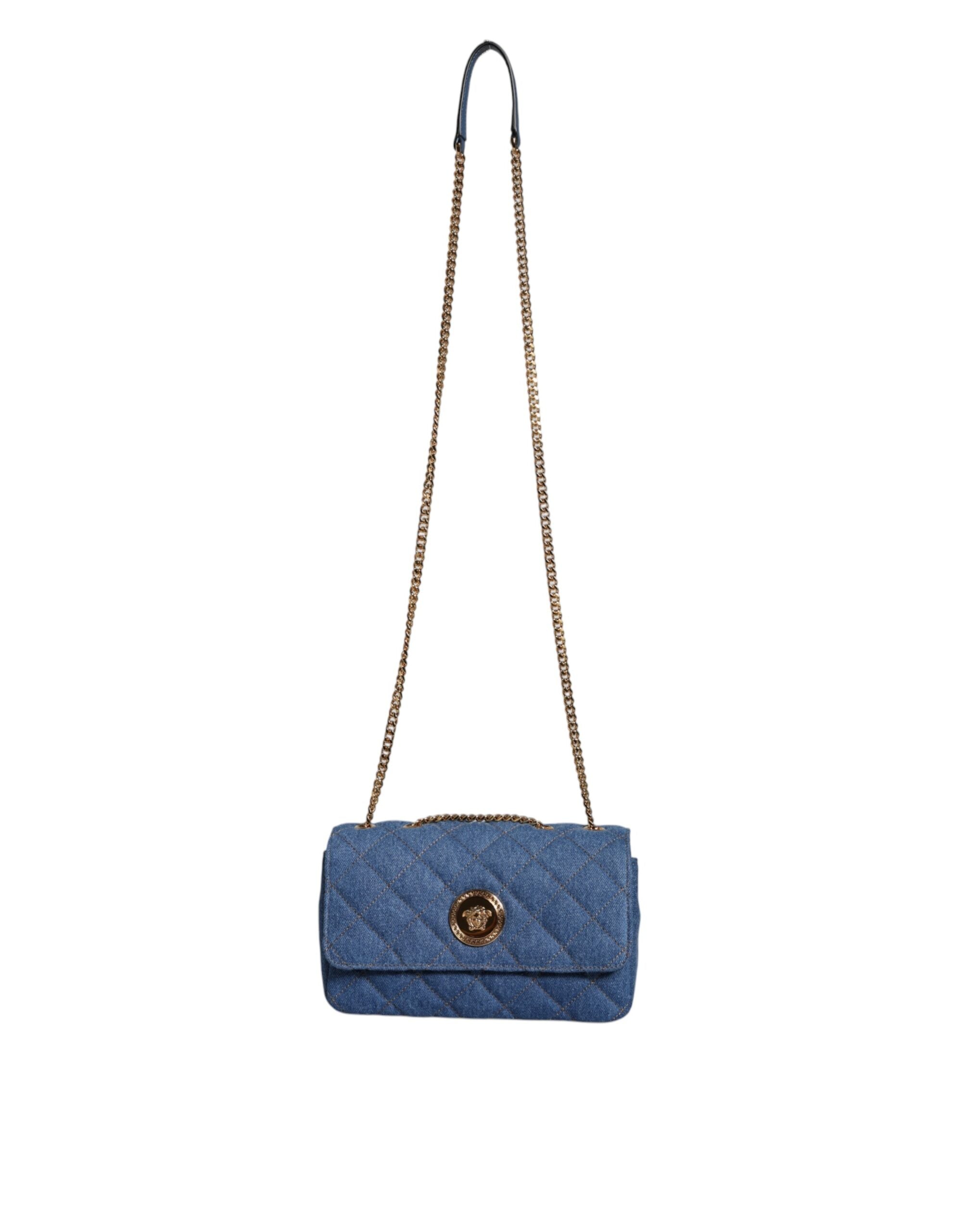 Versace Blå Quilted Denim Läder Axelremsväska